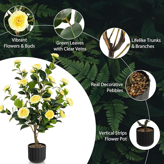 Goplus 38’’ Artificial Camellia Tree, 2 Pack Flower Plants Artificial Tree, Faux Floral Plant Blooming Tree in Cement Pot, Greenery Potted Plant for Indoor Outdoor Office Home Porch Decor