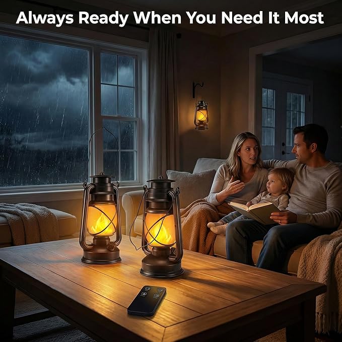 Outdoor Lanterns Waterproof Hanging Vintage LED Camping Lamps with Dancing Flame Non-Solar Remote Control Light Landscape Decor for Table Patio Garden Yard Pathway Porch 2Pack (3AA Batteries Power)