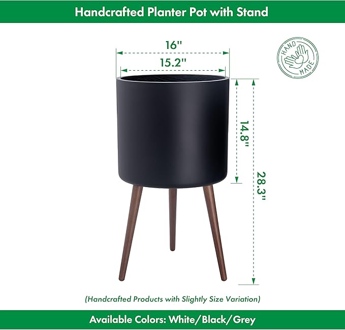 D'vine Dev 16 Inch Planter Pot with Stand, Mid-Century Tall Plant Pot with Legs for Indoor Plants, XX-Large, Black, 88-O-E-2