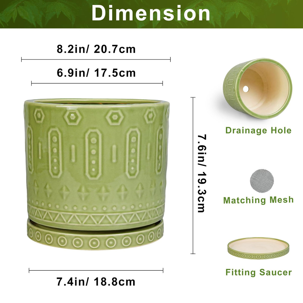 Eightpot Ceramic Pots for Plants, 8 Inch Plant Pot with Drainage Hole and Tray, Round Planters for Indoor Plants, Modern Flower Pot, Decorative Planter, Living Room Decor, Gardening Gifts, Green