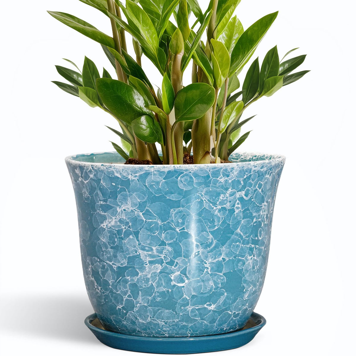 SUNPOTFOR Ceramic Planter - 10 Inch Plant Pot for Indoor Outdoor, Large Round Flower Pots with Drainage Hole and Saucer, Modern Decorative Plant Pots, Garden House Decor, House Warming Gifts, Blue