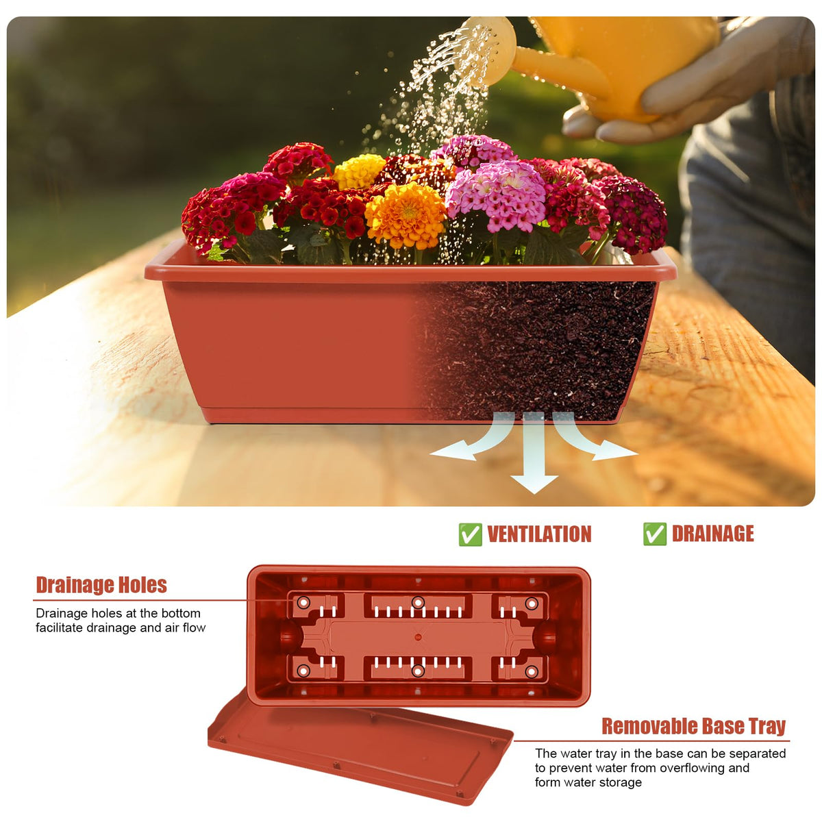 Railing Planter Box Set of 2, 4 Pack Brick Red Window Boxes Planters