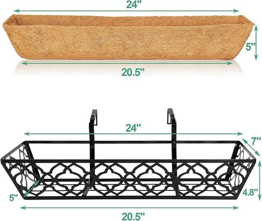 Y&M 24 Inch Window Deck with Coco Liner, Fence Metal Hanging Flower Planter Window Basket Deck Railing Planter Boxes for Outdoor Garden Lawn,6pcs