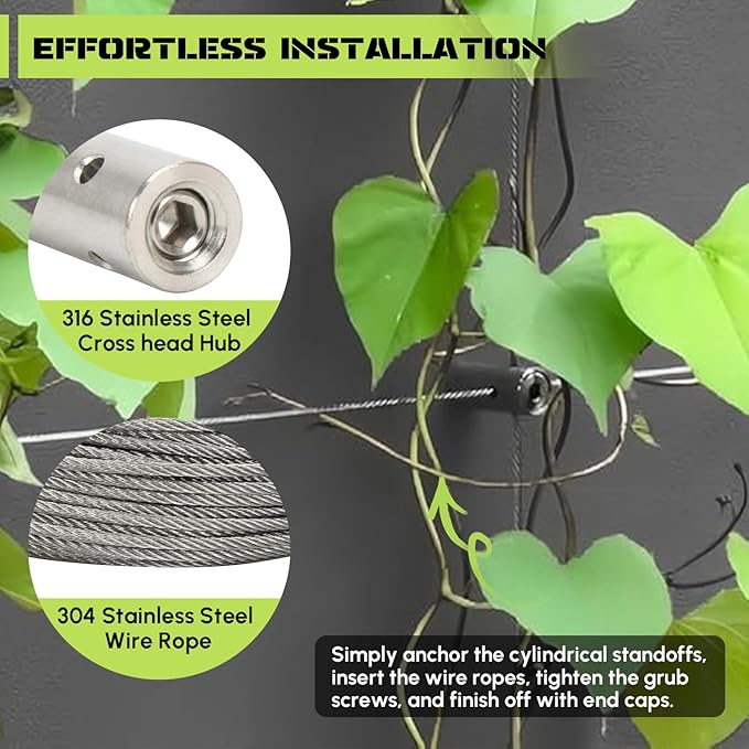 Wire Trellis for Climbing Plants Outdoor, 20-Set Wall Wire Trellis Kit with 1/8" x 98ft Stainless Steel Cable and Cutter, T316 Cylindrical Espalier System for Fence Garden DIY on Concrete Wood Walls