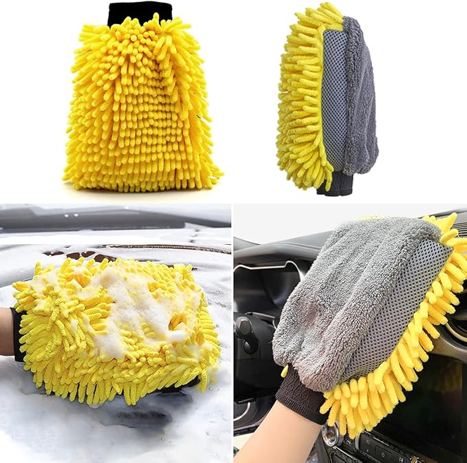 Car Wash Brush with Long Handle, Chenille Microfiber Mop Mitt with 1 Replacement Head, Wheel Brush Extension Pole Cleaning Kit & Towels for Cars & Trucks - 5PCS