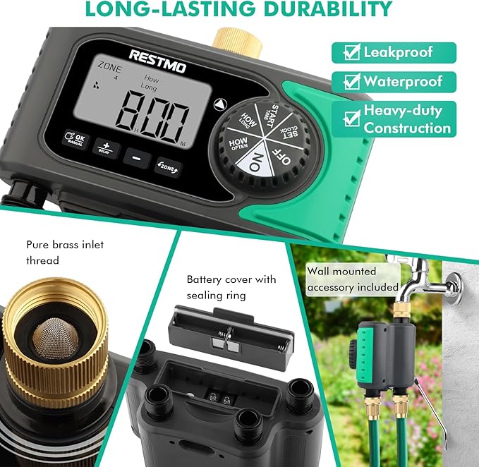 RESTMO 4-Outlet Sprinkler Timer with Brass Inlet, 4 Zone Programmable Water Timer for Garden Hose, Automatic Digital Control | Manual ON/Off | Rain Delay, for Outdoor Faucet, Drip Irrigation and Lawn