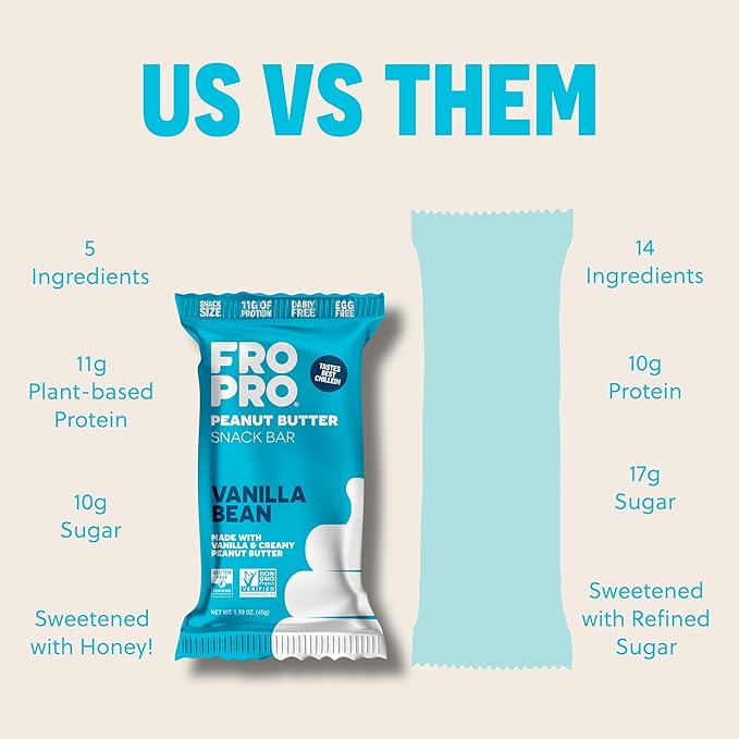 FROPRO Plant Protein Snack Bars - Plant Based Protein Bars, All-Natural, Gluten, Dairy, & Soy Free, High Protein Bars with Low Calories | Vanilla, 24 Pack