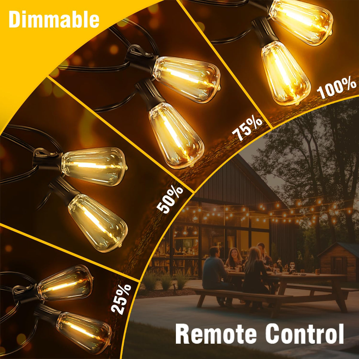 Skoiuc 200FT Solar String Lights Outdoor Waterproof with Remote & Timer, LED Shatterproof ST38 Bulbs, USB & Solar Powered Patio Lights for Backyard, Porch, Garden, Wedding, Christmas Decor