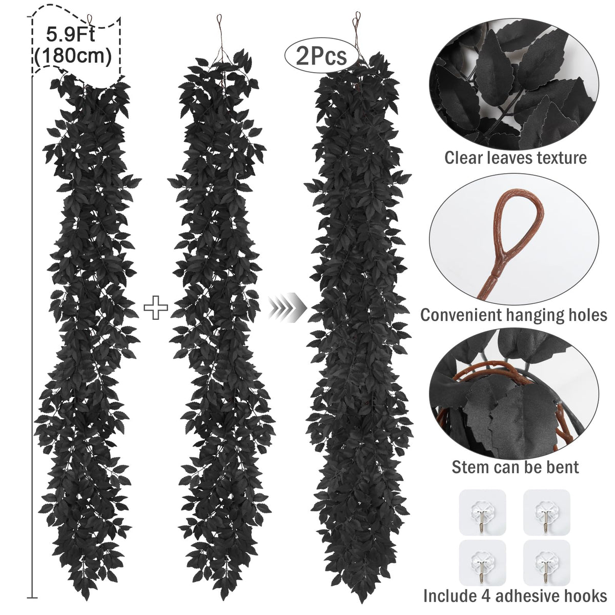 RECUTMS 2PCS Artificial Black Silk Leaves Vine Halloween Garland 5.9Ft