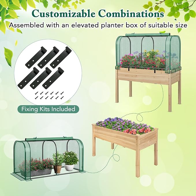 Toolsempire Raised Garden Bed with Greenhouse, Waterproof Sun-Protective Green House with Roll-Up Door & Electroplated Metal Frame, Fir Wood Elevated Planter Box with Drainage Holes(Green+Natural)
