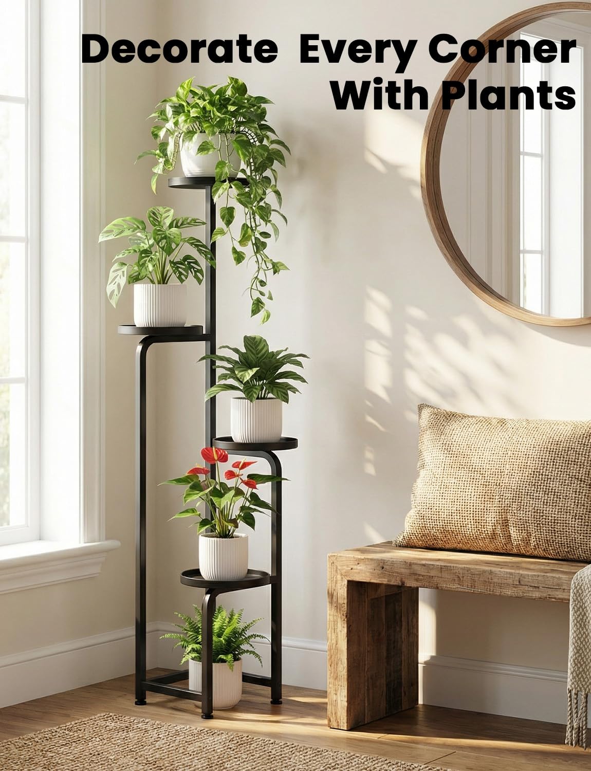 TOSKING Tall 4-Tier Square Metal Plant Stand Outdoor, Drainage Trays, Black