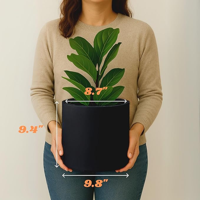 Fox & Fern 10 Inch Black Plant Pot with Drainage Plug — Premium Lightweight Fiberstone Matte Black Planter; 10 Inch Pots for Plants; for Indoor & Outdoor Use; Weather Resistant & UV Resistant