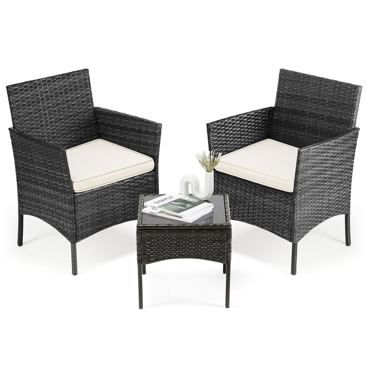 DUMOS 3 Piece Patio Furniture Set, Outdoor Wicker Bistro Set, Black