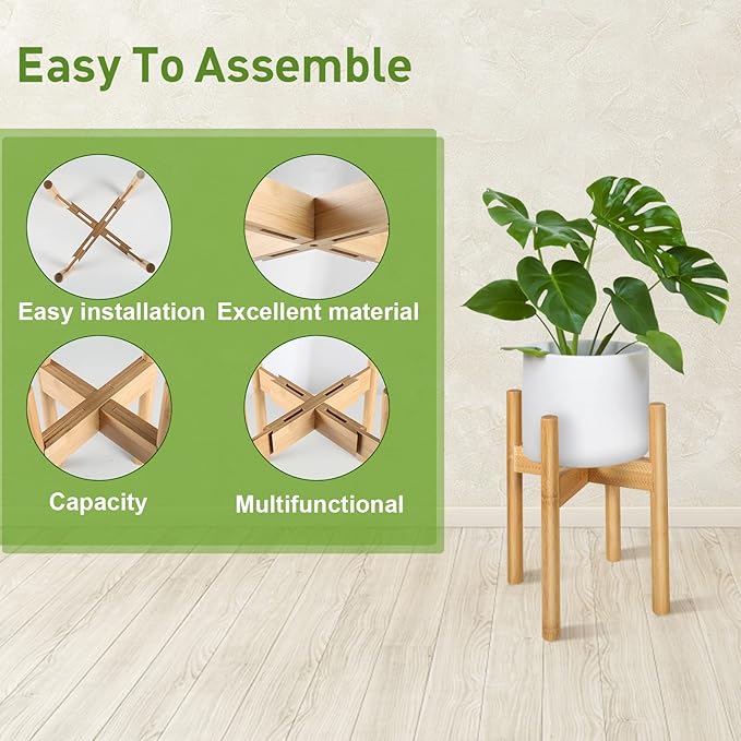 BESHOF 2 Pack Bamboo Plant Stands, Adjustable Plant Stand Indoor, Mid Century Modern Plant Stand, Plant Holder for Living Room, Balcony Fits 8 to 12 Inches Pots (Beige)