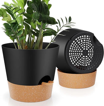 10-Inch Plant Pots, Self-Watering Planters with Drainage Holes & Saucers for Indoor and Outdoor Plants (2-Pack, Black)