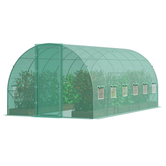 Happybuy 19.4x9.7x7.4 ft Walk-in Tunnel Greenhouse, Galvanized Steel Frame, Green PE Cover, Swing Door, 12 Roll-up Windows, Outdoor Plant Hot House