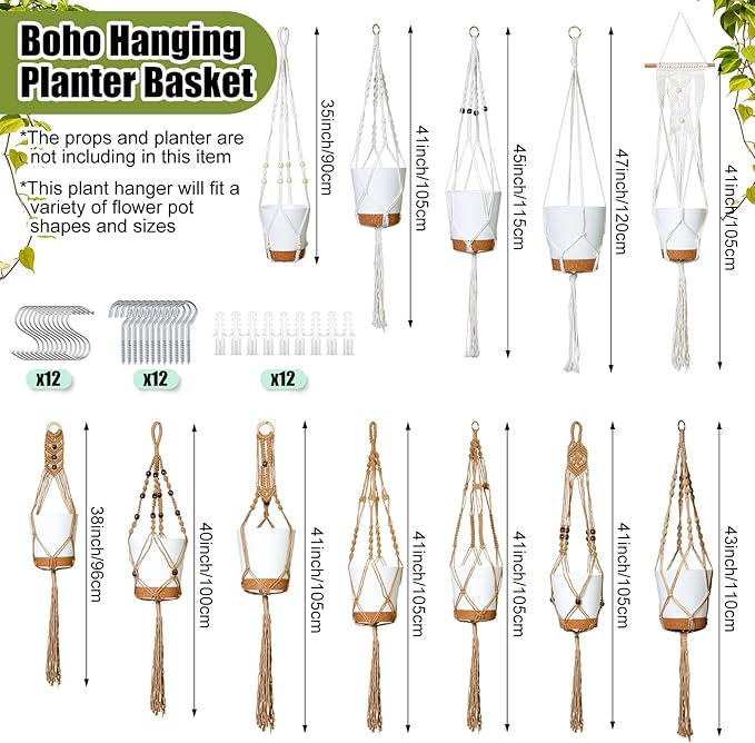 Hoteam 12 Pcs Macrame Plant Hangers Macrame Hanging Planters for Indoor Plants Handmade Boho Hanging Baskets Flower Pots Holder for Outdoor Home Wall Decor