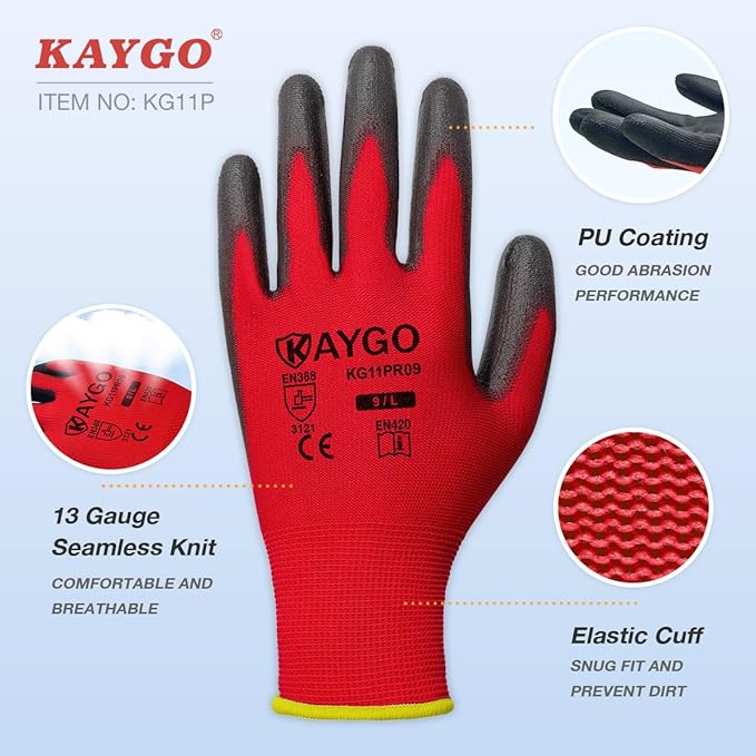 KAYGO Safety Work Gloves PU Coated-12 Pairs Seamless Knit Glove with Polyurethane Coated Smooth Grip on Palm & Fingers, for Men and Women, Ideal for General Duty Work, KG11P (XX-Large, Red)