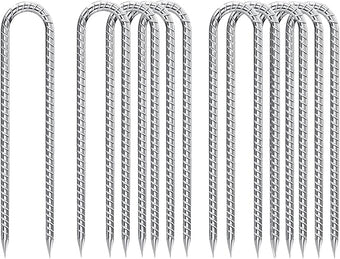 Rebar-Stakes-12-Inch-Galvanized, U Hook Trampoline Stakes 10 Pack Ground Anchors Tent Stakes Heavy Duty for Plants Anti-Rust Landscape Fabric Stakes Artificial Turf