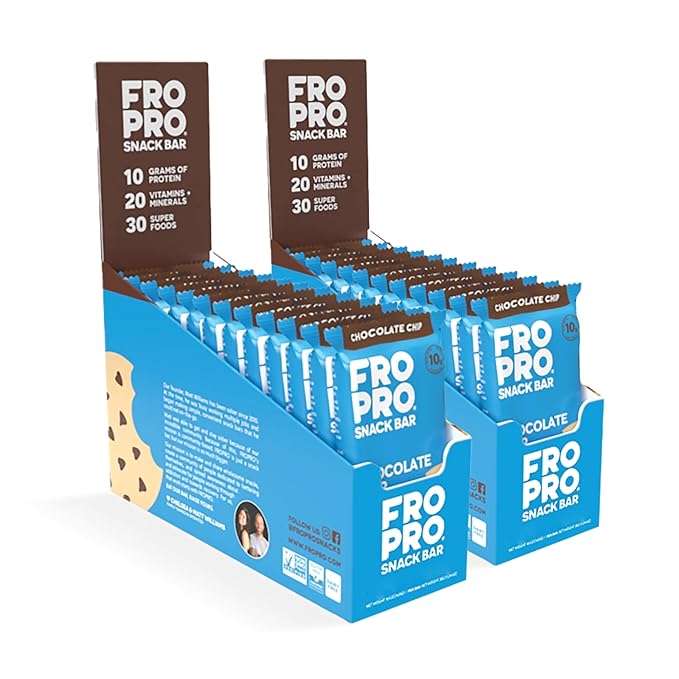 FROPRO Plant Protein Snack Bars - Plant Based Protein Bars, All-Natural, Gluten, Dairy, & Soy Free, High Protein Bars with Low Calories | Chocolate Chip, 24 Pack