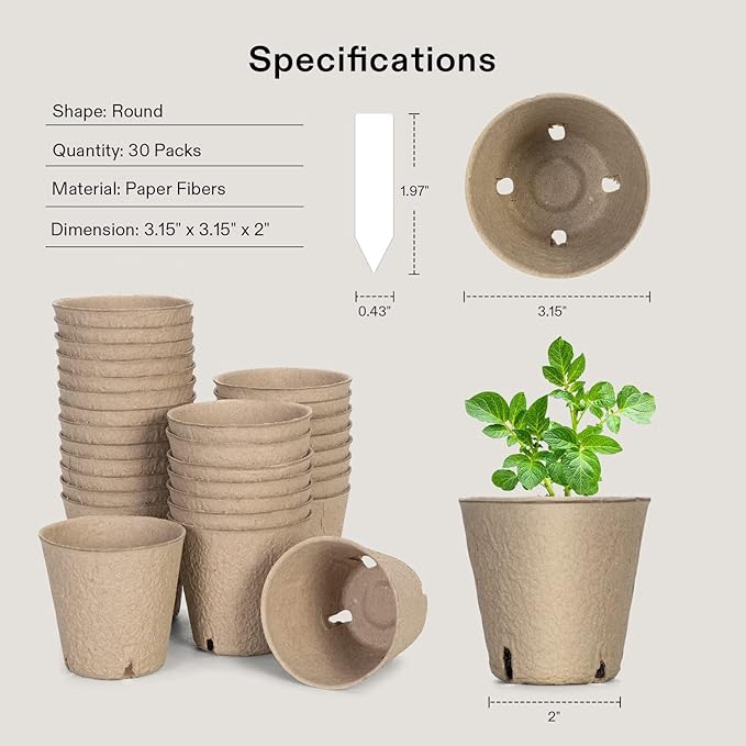 VIVOSUN Peat Pots, 30 Packs 3.15-Inch Seed Starting Pots with Drainage Holes, Round Nursery Pot, 20 Plant Labels for Flowers, Plants, Vegetables, 30Pcs