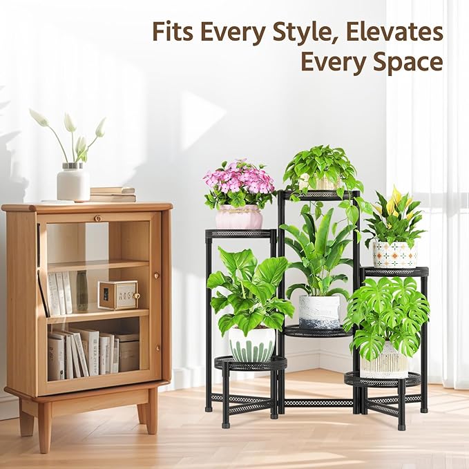 LASZOLA 6 Tiered Folding Tall Plant Stand for Indoor Outdoor Corner, Larger Heavy Duty Metal Adjustable Multiple Rack with 10 Inch Wide Hollow Tray, Flower Planter Holder for Modern House Patio, Black