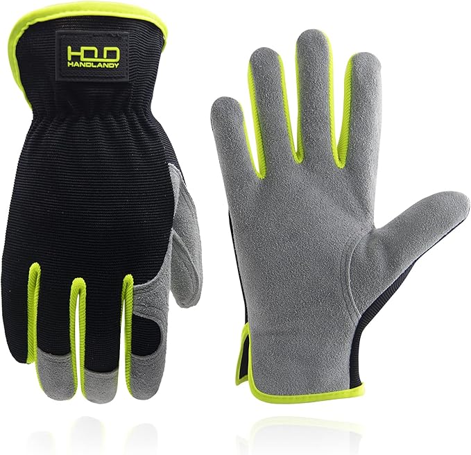 HANDLANDY Men Leather Gardening Gloves, Utility Work Gloves for Mechanics, Construction, Driver
