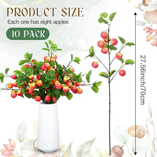 10 Pcs 27.56 Inches Artificial Fake Apple Branches Realistic Tall Apple Bouquets Tree Branch with Long Stem and Green Leaves Fruit Plant for Home Office Vase Filler Shop