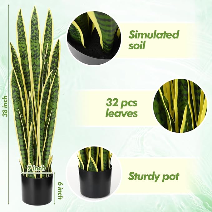 Crowye 2 Pack 3.15 Ft Tall Artificial Snake Plant Faux Sansevieria Plant Large Fake Snake Bulk in Pot for Home Office Housewarming Gift