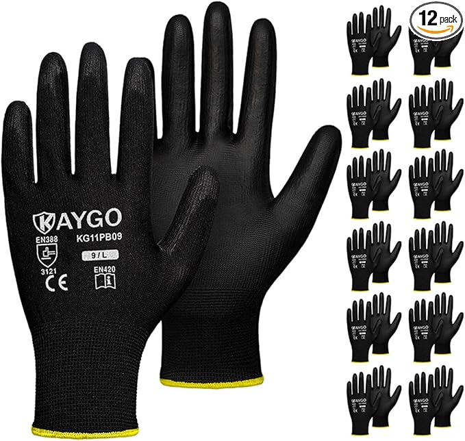 KAYGO Safety Work Gloves PU Coated,12 Pairs KG11PB Seamless Knit Glove for Men and Women, with Smooth Grip on Palm and Fingers, Ideal for General Duty Work (Large, Black)