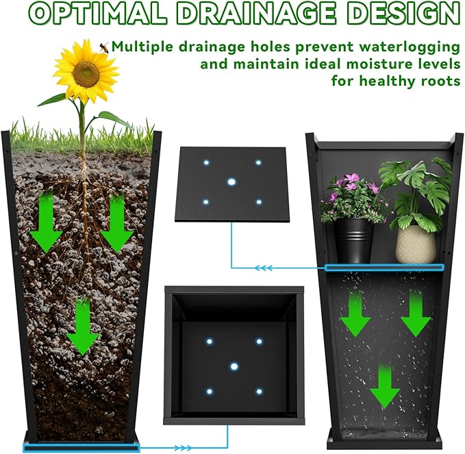 NUWJBYE Tall Metal Planter Box, 15" L x 15" W x 30" H 2-Pack Outdoor Planters with Removable Tray, Heavy Duty Steel Front Porch Planters for Patio, Balcony, Indoor(Black)