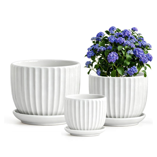 White Plant Pots,Ceramic Flower Pot Set of 3 with Drainage Holes & Saucers