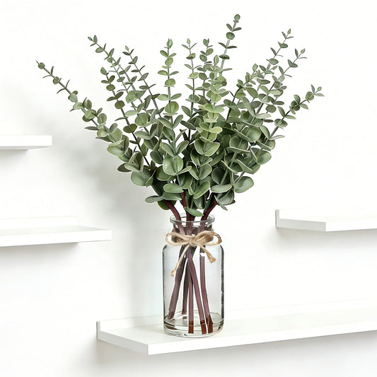 Artificial Eucalyptus Stems in Glass Vase with Faux Water, 17.5" Sage Green