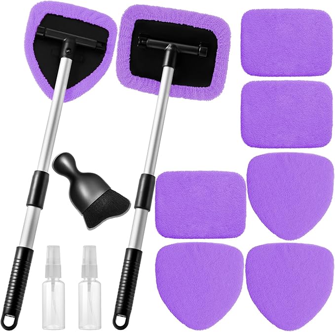 11pcs Windshield Cleaner Tool, Car Window Cleaning Wash Kit with 6 Reusable Microfiber Pads 2 Spray Bottles and Extendable Handles Auto Glass Wiper Kit, Purple