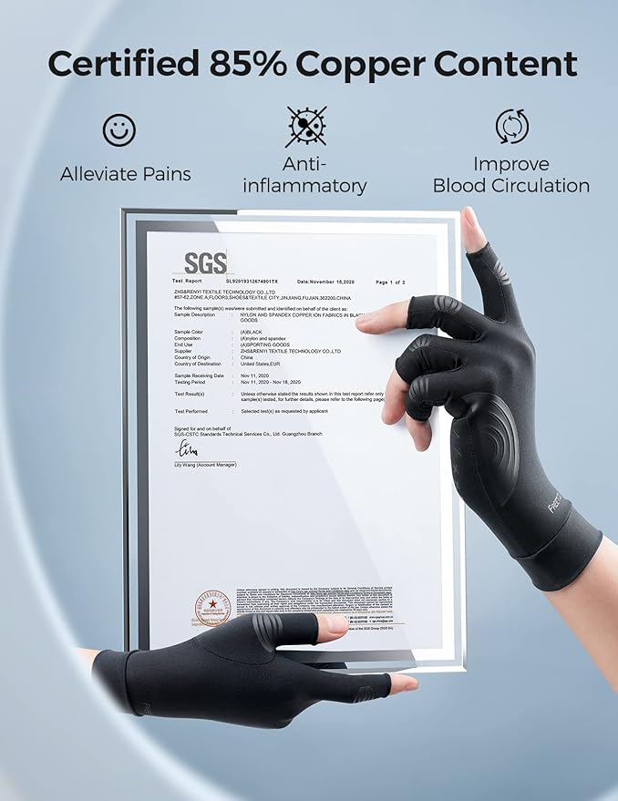 FREETOO Copper Arthritis Gloves for Carpal Tunnel Pain Relief, Strengthen Gloves to Alleviate Hand Pains,Swelling, Fingerless Computer Typing Gloves for Rheumatoid, Tendonitis Women/Men-L