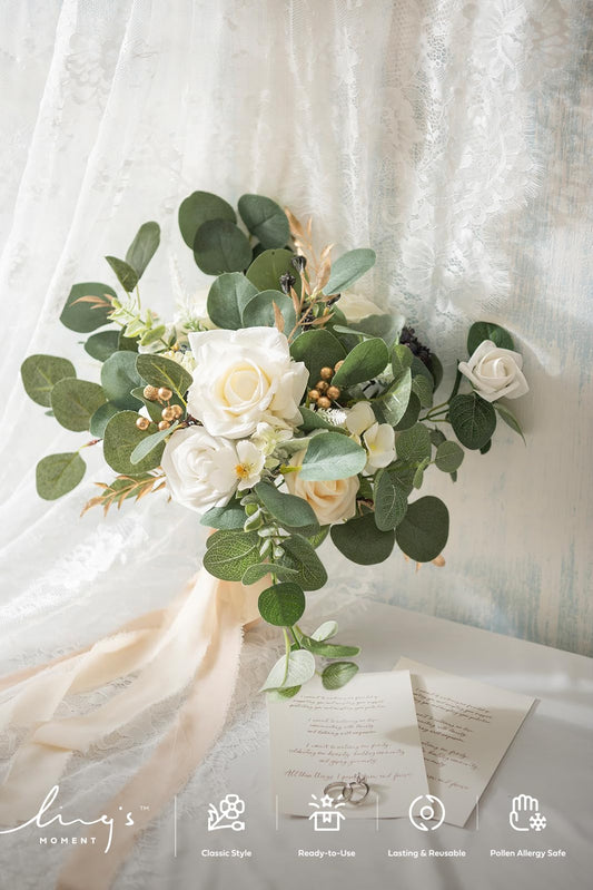 Ling's moment Fake Flowers Box, White & Sage & Gold Grand Combo