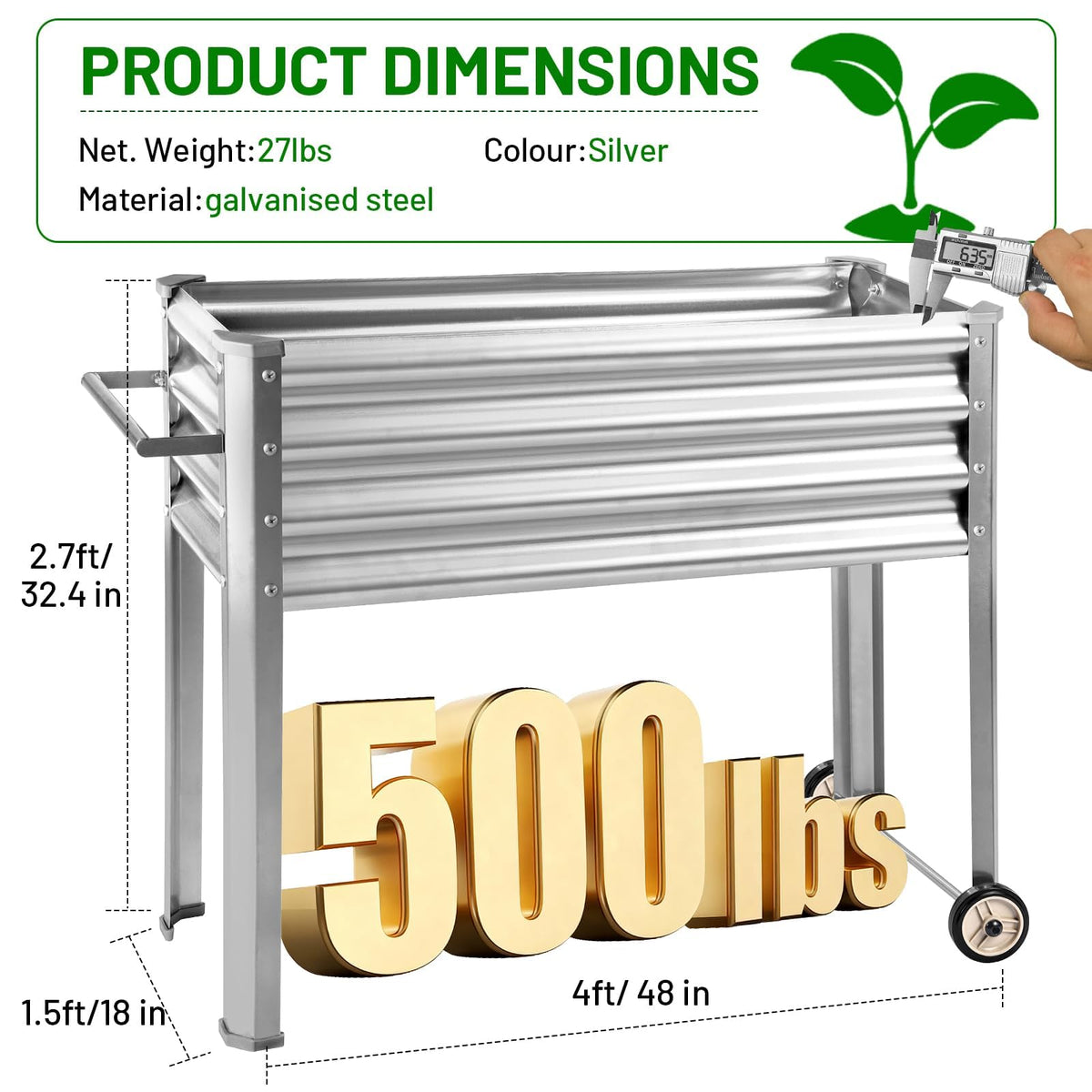 Land Guard 2 Pack Galvanized Raised Garden Bed with Legs & Wheels, 48×18×32in Metal Elevated Raised Planter Box for Backyard, Patio, Balcony, 500lb Capacity, Silver