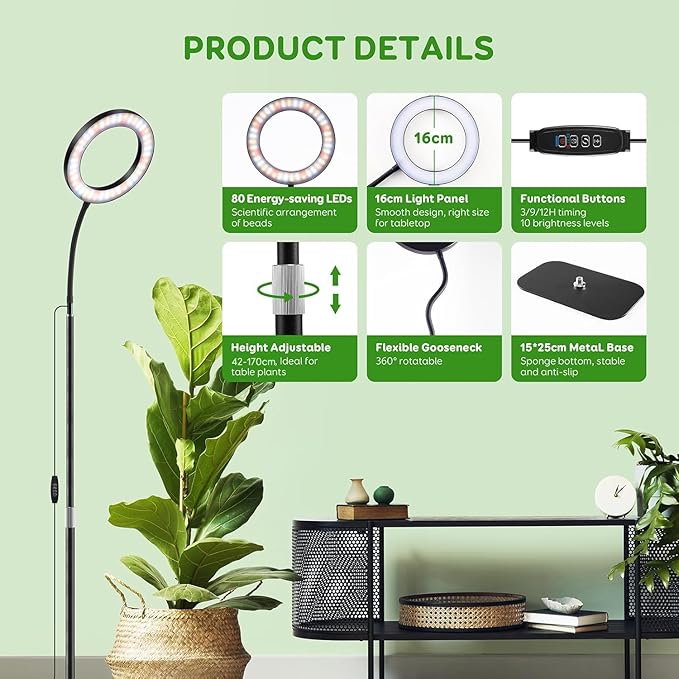 LPMZMBL One Head Grow Lights for Indoor Plant Full Spectrum, Plant Lights for Indoor Growing with 3/9/12 Timer, 5 Dimmable Levels, Height Adjustable 16.5''-68", Strong Base for Large Plants