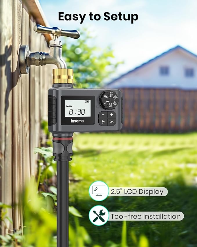 Insoma Water Timer for Garden Hose with Brass Inlet & Outlet, Hose Timer with AUTO/Manual/Rain Delay Mode, Outdoor Sprinkler Timers for Automatic Drip Irrigation System Yard Lawn Watering, 1 Outlet