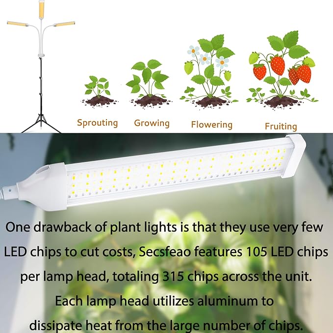 Secefeao Grow Lights for Indoor Plants Full Spectrum, LED Plant Light with Stand, Adjustable Height, Plant Grow Lights with Auto 4/8/12/H Timer for Indoor Tall Plants(315 LEDs-White)