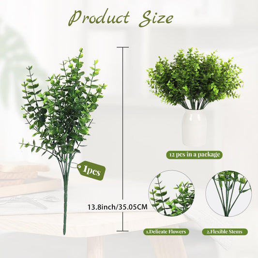 RECUTMS Artificial Boxwood Stems Fake Eucalyptus Plants UV Resistant 12Pcs