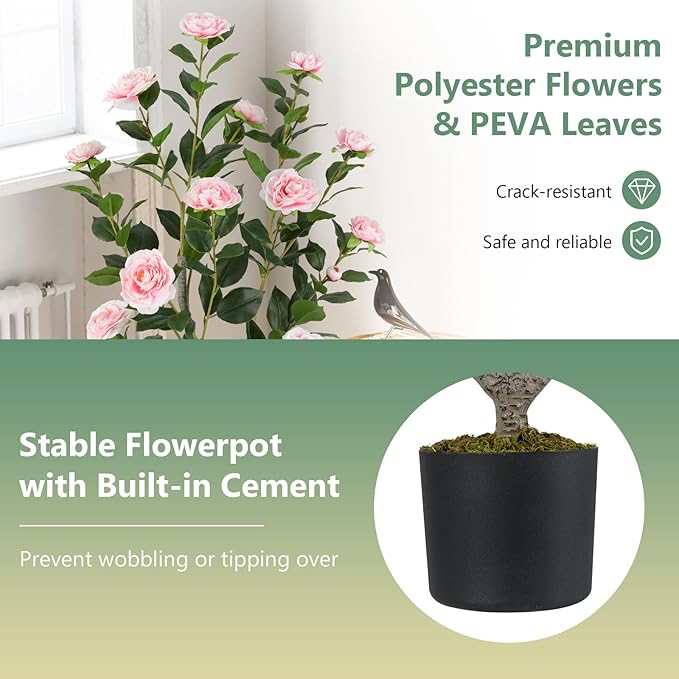 Goplus 36’’ Artificial Camellia Tree, Flower Plants Artificial Tree, Faux Floral Plant Blooming Tree in Nursery Pot, Greenery Potted Plant for Indoor Office Home Porch Decor, Pink