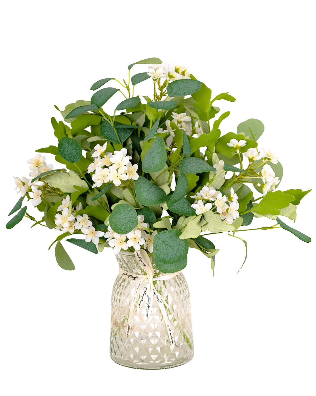 YUGALI 4Pcs 16" Artificial Eucalyptus & White Cherry Blossom Stems