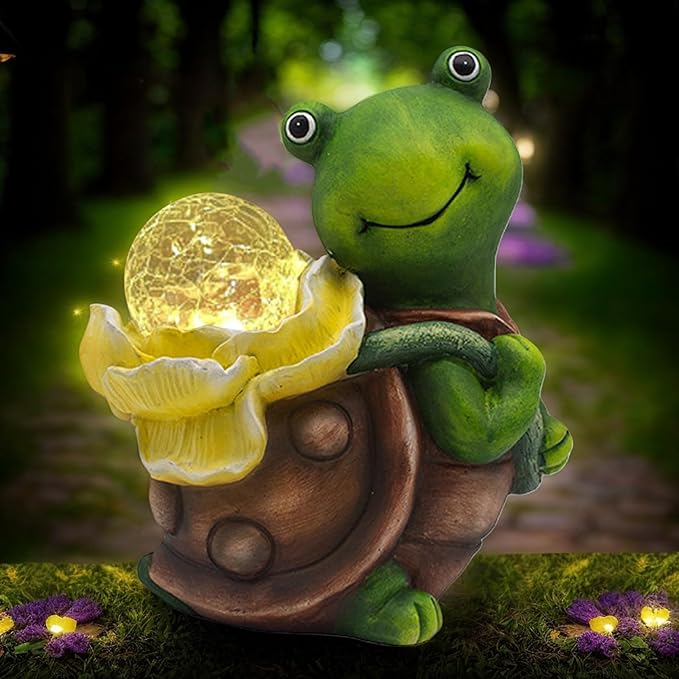 Maikall Rish Solar Garden Turtle Statue with LED Light Decorative Cute Turtle Carrying Lantern Design Outdoor Lawn Ornament(Yellow Flower)