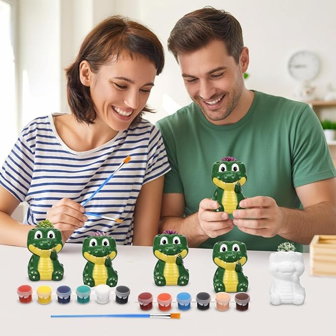 Pasimy 6 Set Ceramics to Paint DIY Ceramic Succulent Planter Pots Paint Your Own Flower Pots Craft Kit Unpainted Bisque Flowerpot with Brush Palette for Family Activity Holiday Gifts(Crocodile)