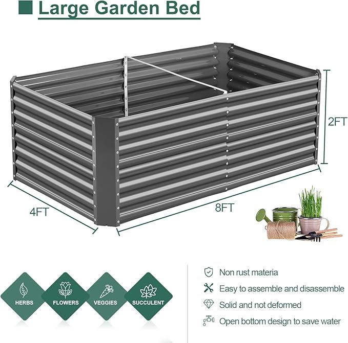 Land Guard 8×4×2 ft Galvanized Raised Garden Bed Kit, Galvanized Planter Raised Garden Boxes Outdoor, Large Metal Raised Garden Beds for Vegetables(Grey)…