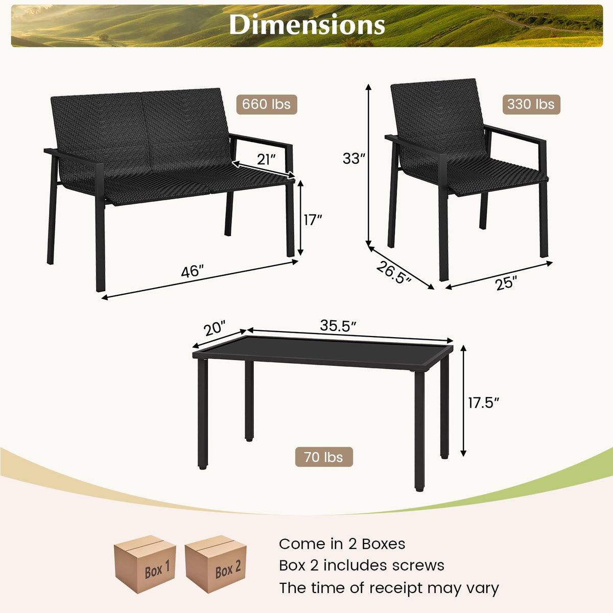 HAPPYGRILL 4 Pieces Wicker Patio Conversation Set with Coffee Table, PE Rattan Chairs with Galvanized Metal Frame, Outdoor Table and Chairs Set for Small Space, Balcony, Poolside, Backyard (Black)