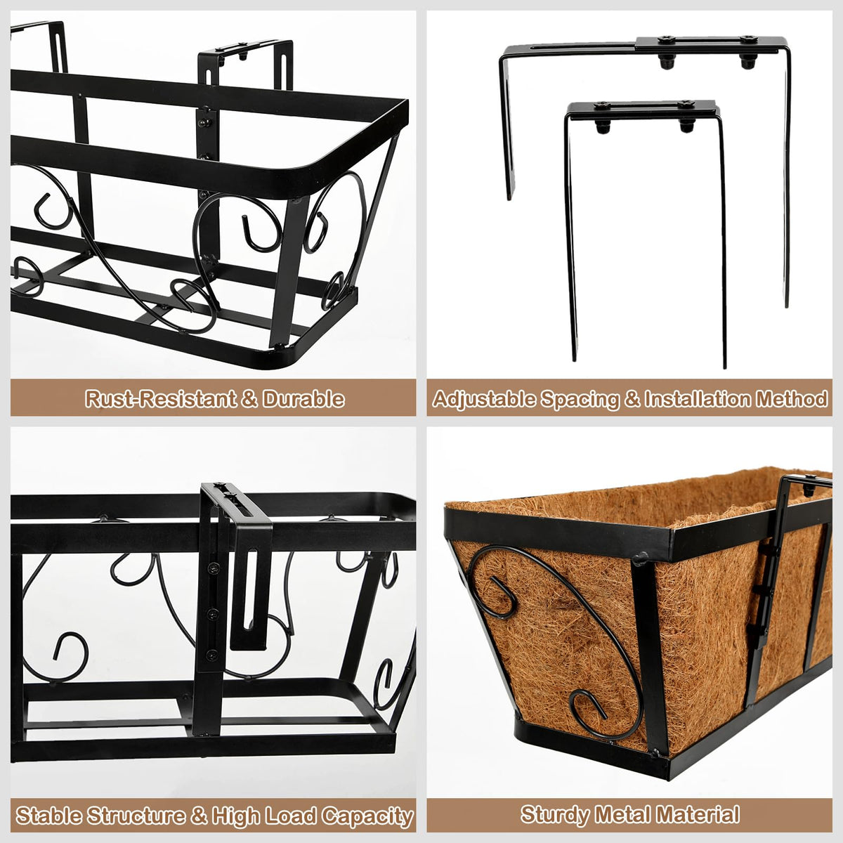 Nature Crafted 24 Inch Window Box Planter with Adjustable Brackets for Hanging Outdoor Plants, 4 Pack Railing Planter Boxes with Coco Liners for Balcony Deck Porch & Patio Garden Decor, Black