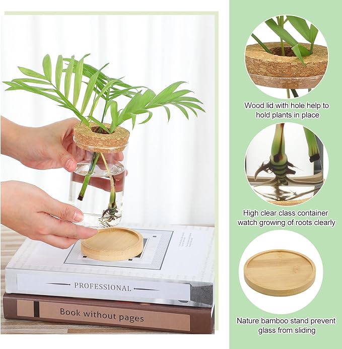Layhit 4 Pcs Plants Propagation Stations vases Glass Planters with Wooden Lid and Bamboo Stand for Hydroponic Plants Gardening Gifts for Women Mom Home Office Tabletop Decoration(Wide Mouth Style)