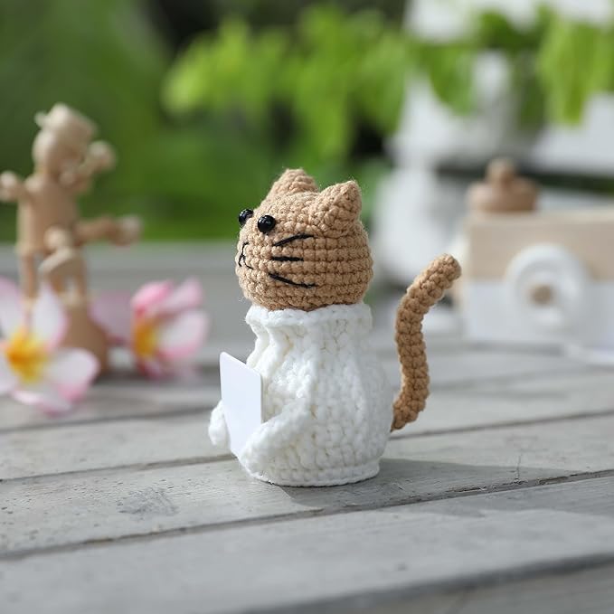 YOOJEE Positive Crochet Animals Cat – “You are Pawsome” Valentines Day Crochet Gift for Her Teens Women Adults Mom, Emotional Support Animal, Teacher Appreciation, Birthday Gift, Desk & Home Decor